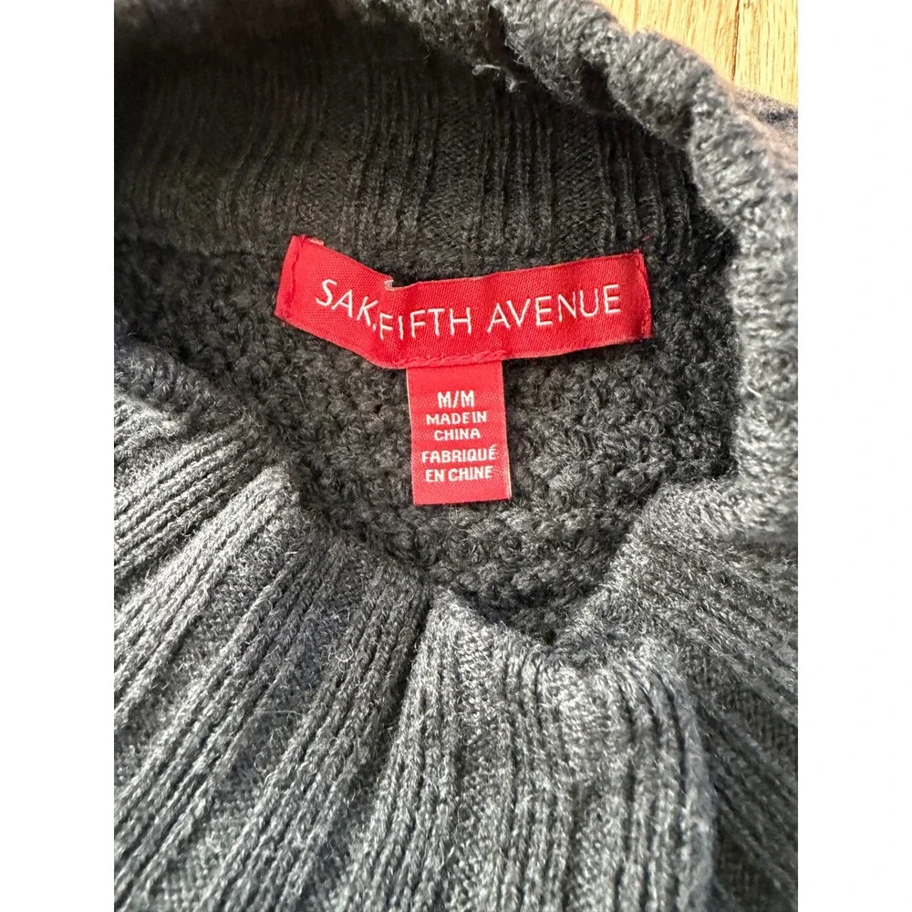 Saks Fifth Avenue Women Gray Mock Neck Wool Blend Mixed Knit Sweater Cozy Boho M